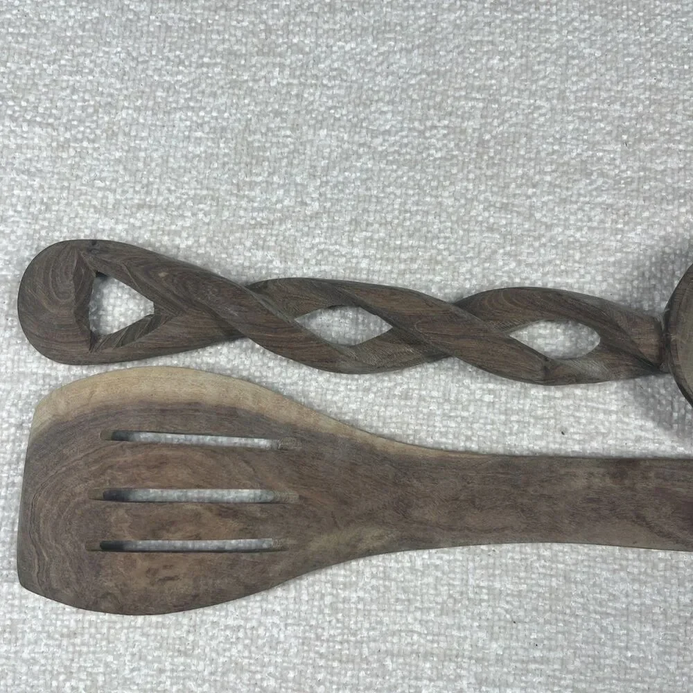 Vtg Olive Wood Twisted Handle Salad Servers Utensils Carved Spork & Spoon Tongs